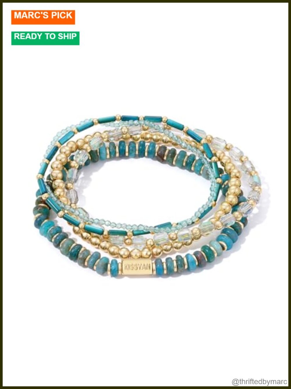 Natural Stone Beaded Bracelet Set 5-Piece Stackable Gold Plated Stretch